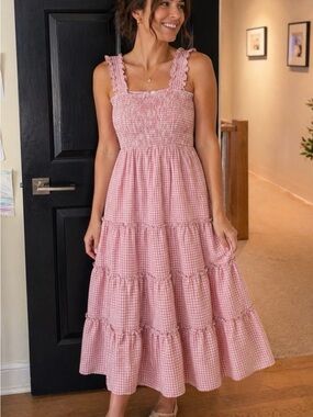 Alter’d State Smocked Square-Neck Pink Gingham Maxi Dress